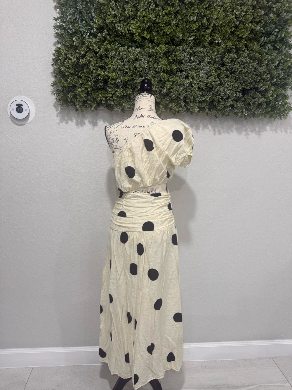 One-Shoulder Cream Maxi Dress with Black Polka Dots - Picture 5 of 7